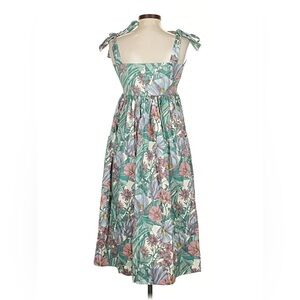 Tory Burch Green and Pink Floral Print Tie Strap Badbydoll Midi Dress